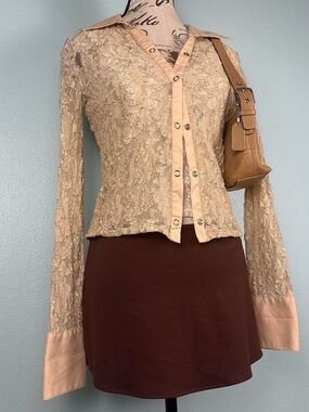 Vintage Y2K Office Siren Cream Sheer Lace Long Sleeve Top Women’s Size Small